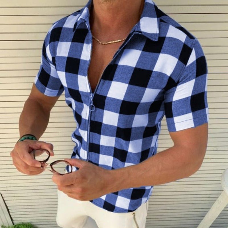 Plaid Zipper Short Sleeve Men's T-Shirt | TrendyAffordables - TrendyAffordables - 0