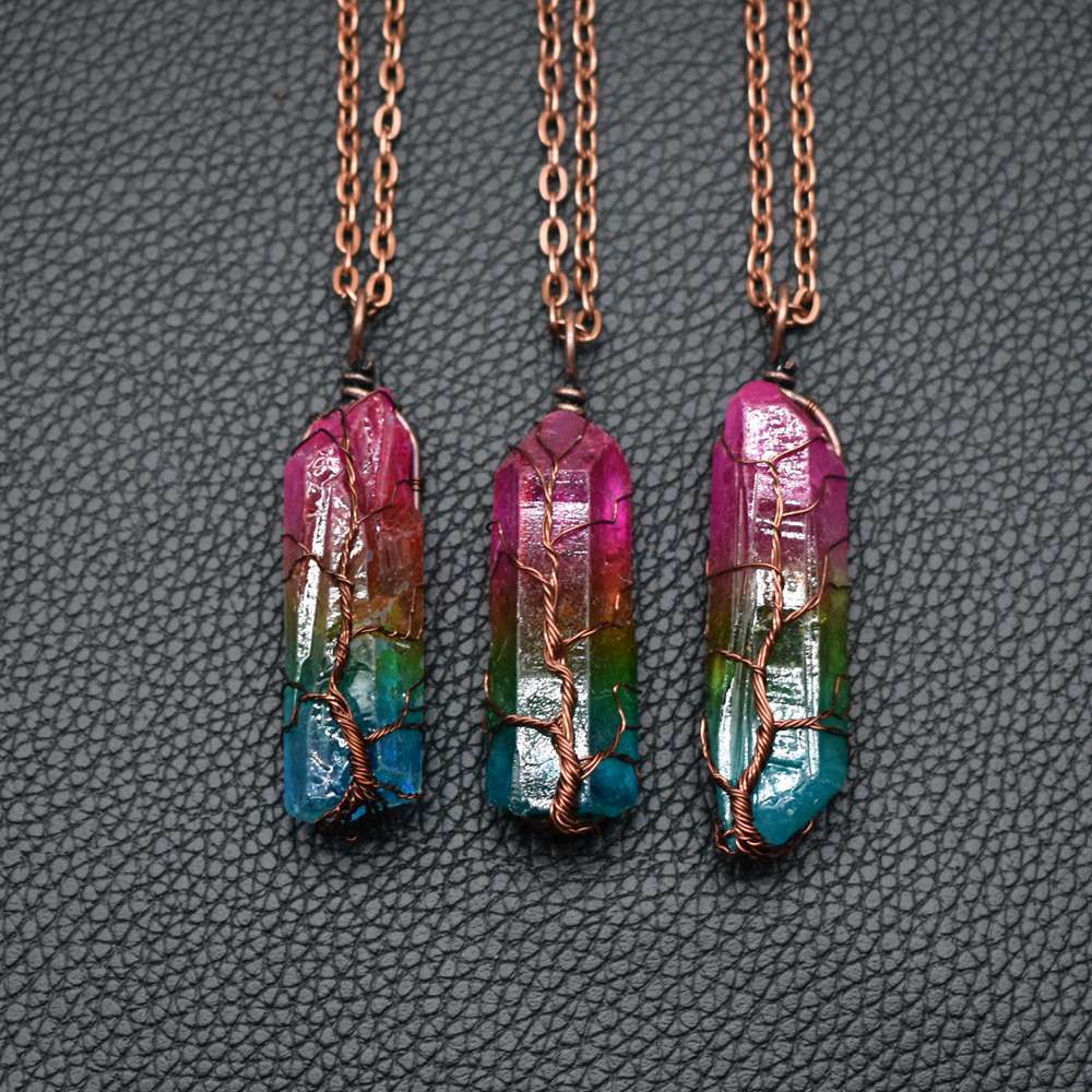 Rainbow Stone Crystal Pillar Tree Of Life Pendant Necklace | TrendyAffordables - TrendyAffordables - 0