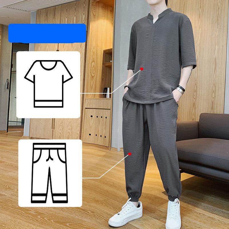 TrendyAffordables | Men's Ice Silk Summer T-Shirt Set | Casual Linen Suit - TrendyAffordables - 0