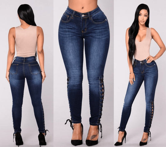 TrendyAffordables | Women's European Skinny Jeans | High Waist | Lace Up, Pockets - TrendyAffordables - 0