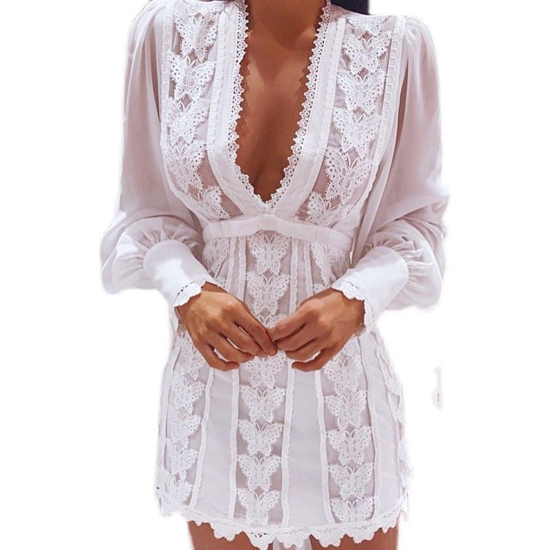 Elegant White Lace Dress with V-Neck and Puff Sleeves | TrendyAffordables - TrendyAffordables - 4