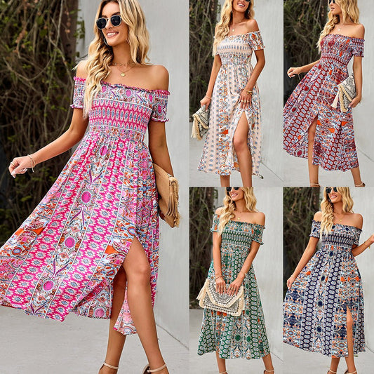 TrendyAffordables Women's Boho Floral Print Off Shoulder A-Line Beach Dress - TrendyAffordables - 4