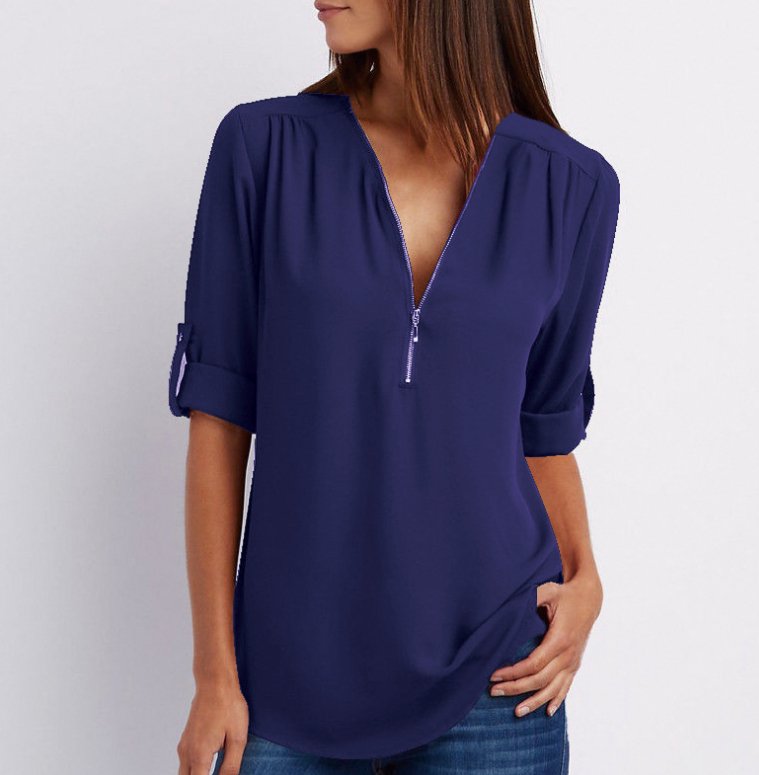 TrendyAffordables Women's Zip V-neck Short Sleeve Shirts - Affordable and Stylish - TrendyAffordables - 0