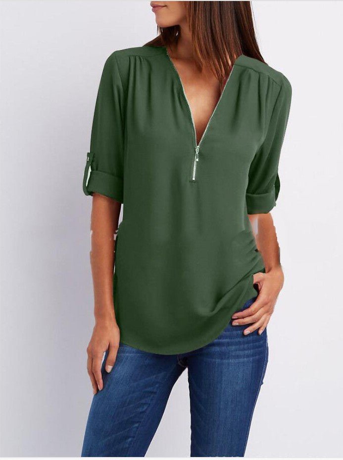 TrendyAffordables Women's Zip V-neck Short Sleeve Shirts - Affordable and Stylish - TrendyAffordables - 0